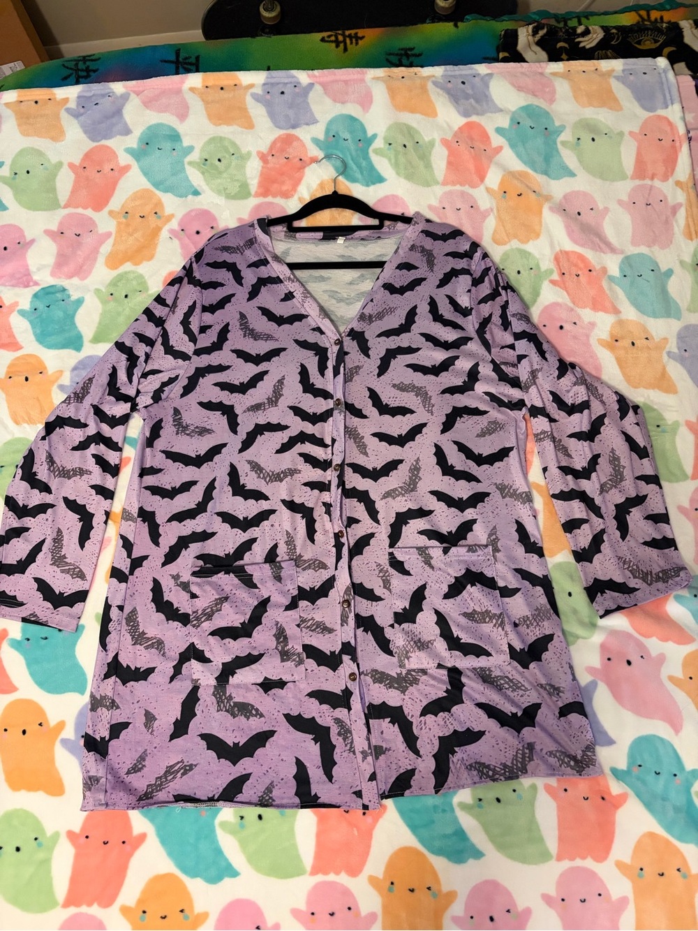 Purple bat print cardigan with buttons